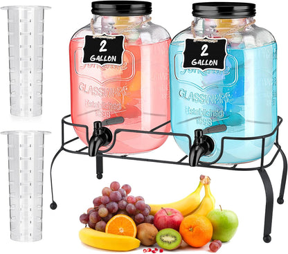 Lallisa 2 Pcs 2 Gallon Glass Drink Dispenser with Stand Ice Cylinder Hanging Chalkboard Signs 18/8 Stainless Steel Spigot Beverage Dispensers for Parties Mason Jar Drink Lemonade (Rose Gold)
