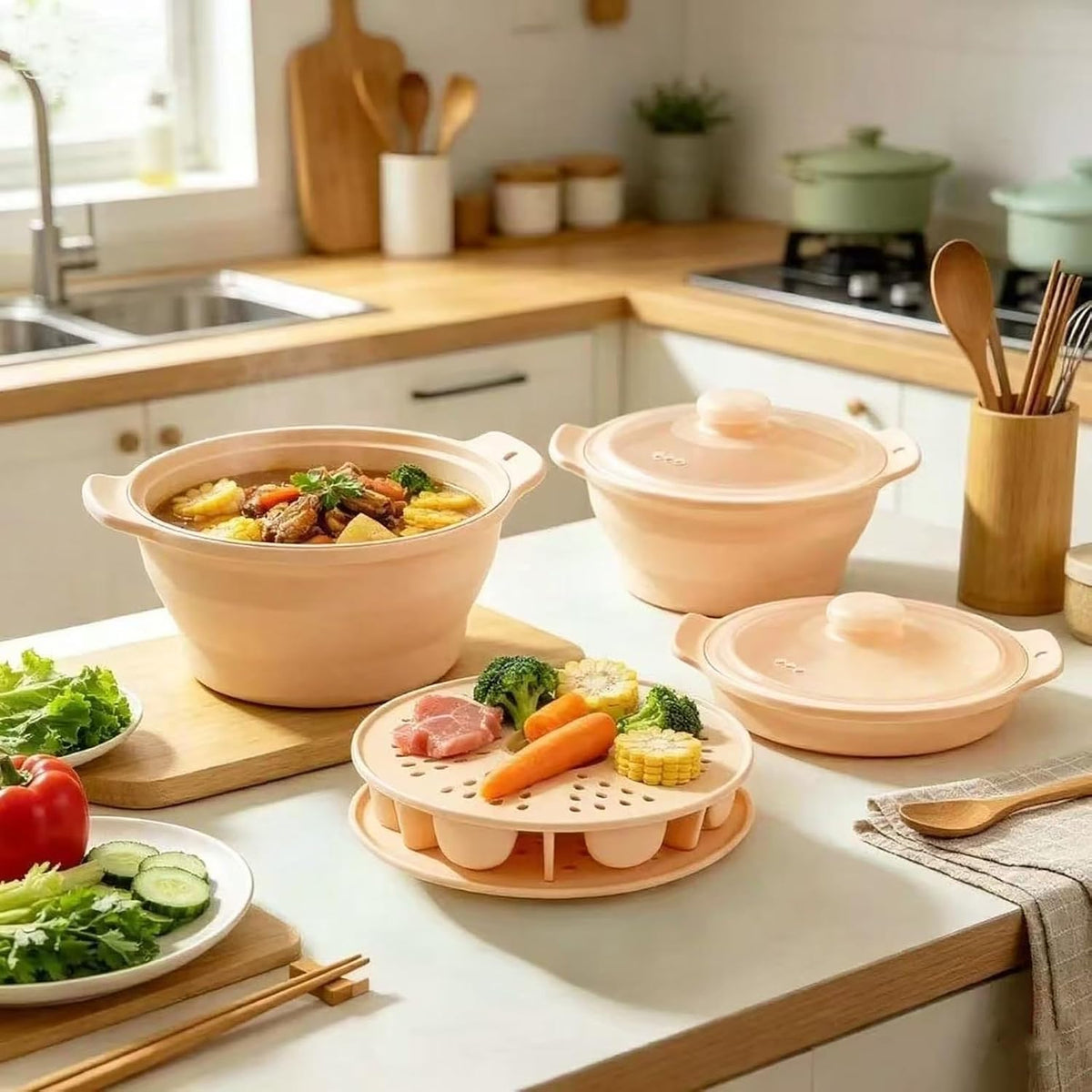Collapsible Silicone Microwave Vegetable Steamer with Removable Steam Rack,42oz Heat-Resistant Cooker with Steam Holes,Easy to Store Freezer Dishwasher Safe,BPA Free (Grey)