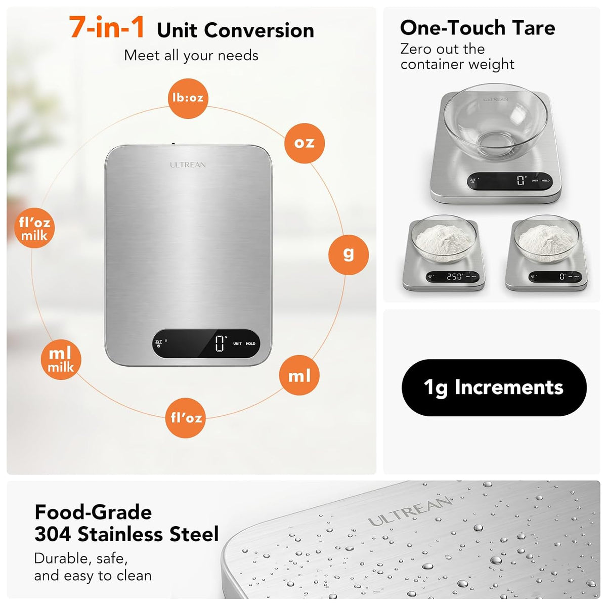 Ultrean Food Scale, Digital Kitchen Scale with LCD Display, Weight Grams and Ounces for Baking Cooking and Meal Prep, 6 Units with Tare Function, 304 Stainless Steel, 11lb (Batteries Included)