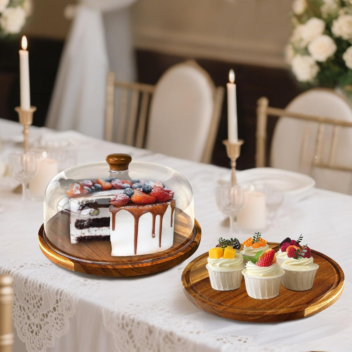 Acacia-Wood-Cake-Stand With Acrylic Lid, Rectangular Cake Plates Charcuterie Board With Cover, 2-in-1 Cake Holder With Dome，Dessert Table Display Stand For Cheese, Chips & Dips, Nachos, Fruit Platter