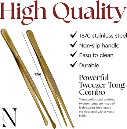 Namre' Tweezer Tongs for Cooking -Plating Tweezers - 2 Pack Stainless Steel Cooking Tongs - Thin Chopstick Tongs (Silver)
