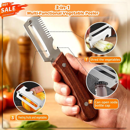2PCS Multifunctional Vegetable Peeler, 3-in-1 Stainless Steel Vegetable Peeler with Wooden Handle and Bottle Opener, Kitchen Gadgets for Fruit Veggie Potato Pumpkin Apple Carrot