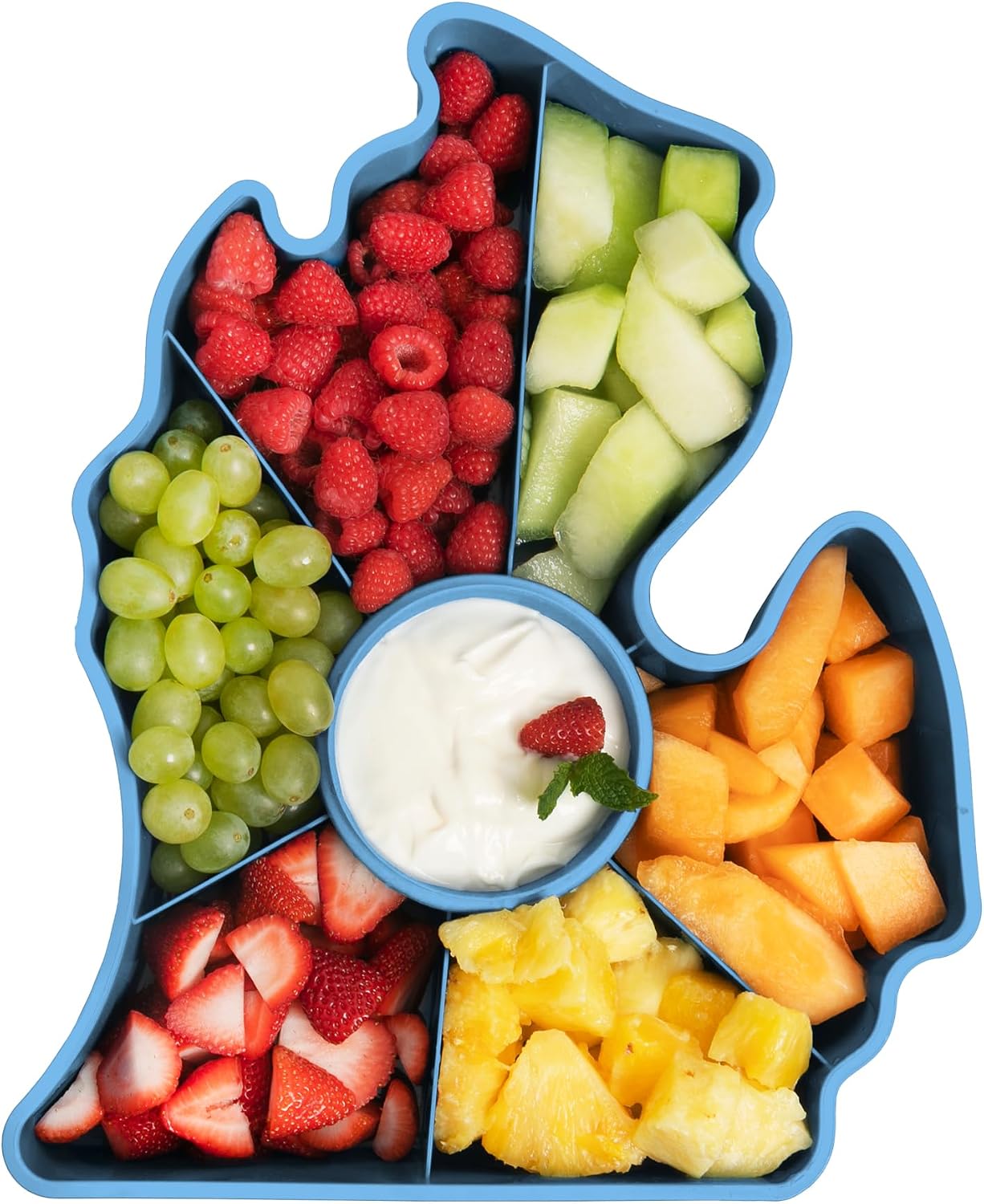 KOLORAE Michigan Serving Tray - Unique 7 Compartment Mitten State Reusable Snack Tray w/Dressing Cup. Great for Entertaining and Storage for Appetizers, Snacks, Chips & Dip