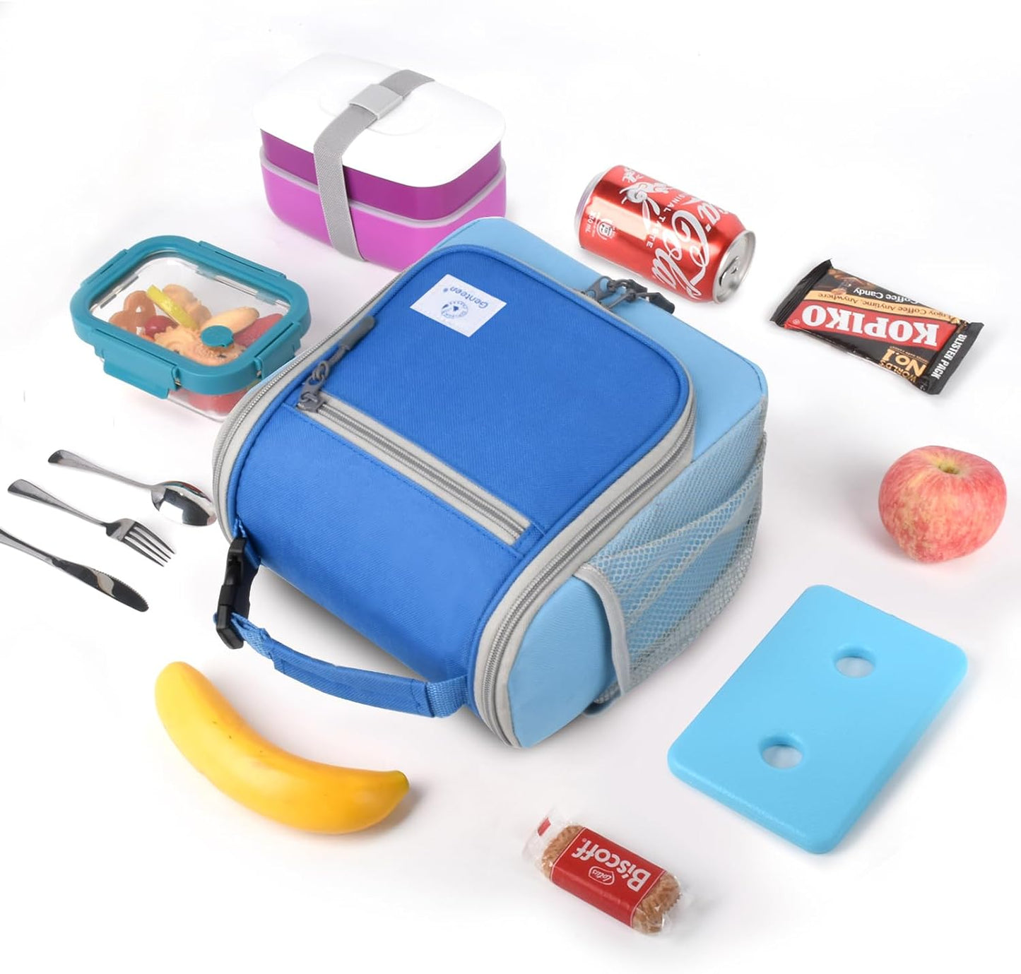 Genteen Kids Lunch Box, Insulated Lunch Bag for Kids, Toddler, Girl, and Boy; Holds Lunch Box, Water Bottle, & Snacks; Easy-Clean Water-Resistant Fabric & Multiple Zippered Pockets (Yellow Blue)
