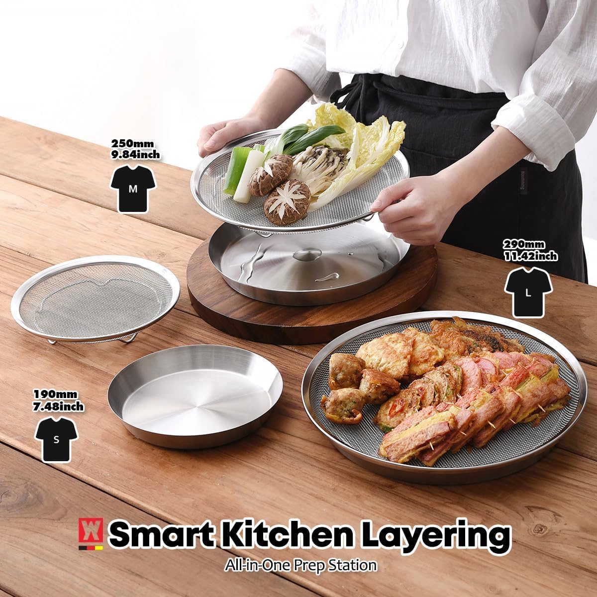 WAGENSTEIGER Stainless Steel Mesh Tray Set with Drip Pan, Air Fryer Basket and Tray, Kitchen Colander, Vegetable and Fruit Strainer, Food Filter, BBQ Prep Tool, Fruit Serving Dishes (9.84 inch)