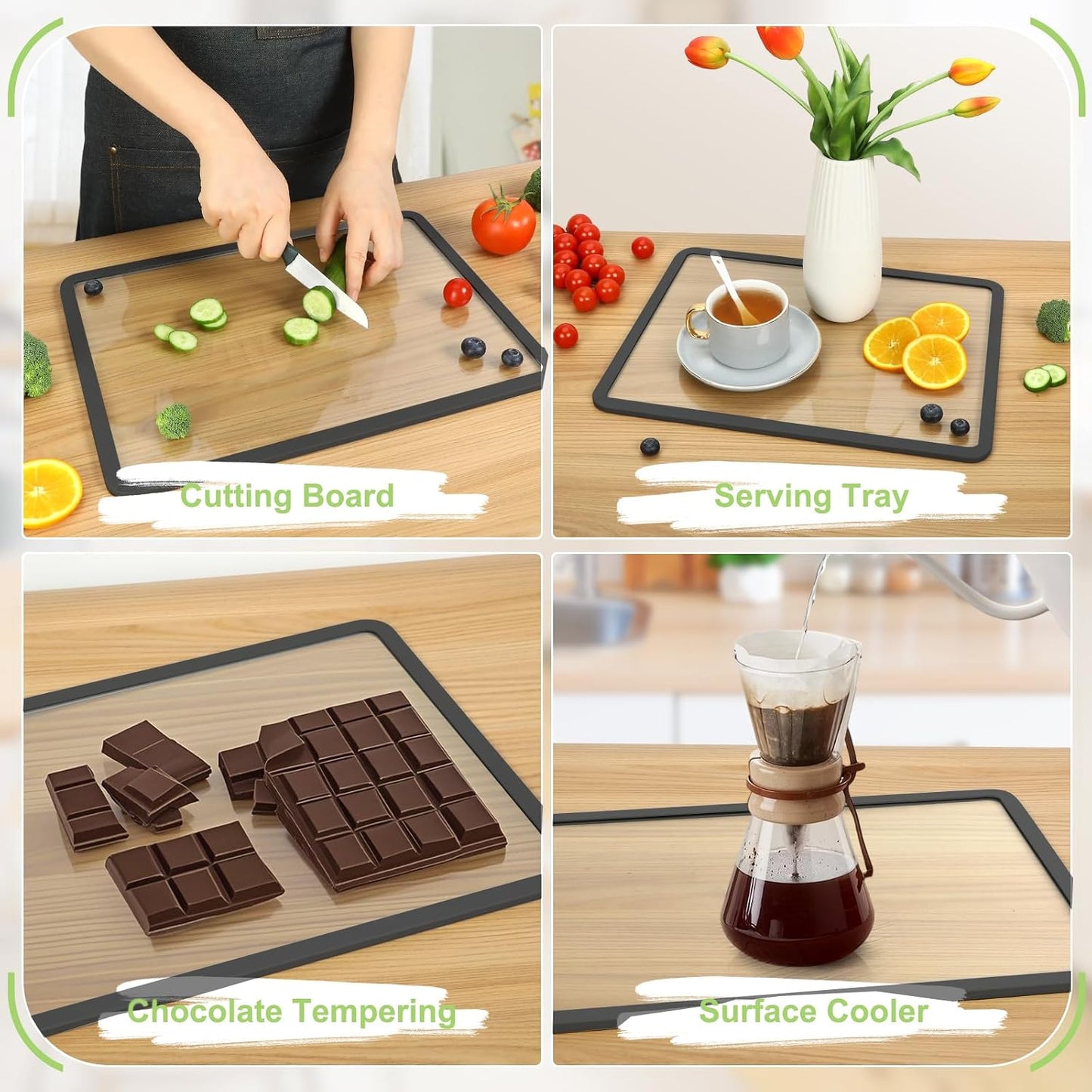 Cutting Board, Tempered Glass Cutting Board for Kitchen Counter, 2Pcs Chopping Board Set with Non-Slip Silicone Edges, Heat Resistant, Dishwasher Safe, Kitchen Decoration