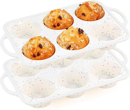 Regular 12 Cup and Mini 24 Cup Nonstick Cupcake Pan Set Silicone Muffin Pan for Baking Silicone Cupcake Mold with Metal Reinforced Frame BPA Free (2 Pcs, Cream)
