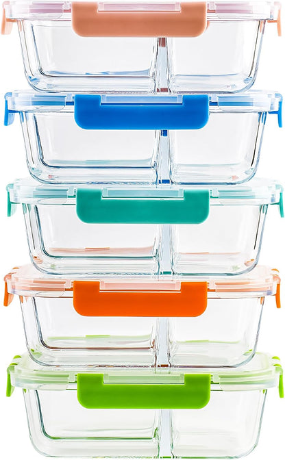 5-Pack,3 Compartment Glass Meal Prep Containers Set,34oz, Divided Food Storage Containers with Lids, Glass Lunch Box with 3 Dividers