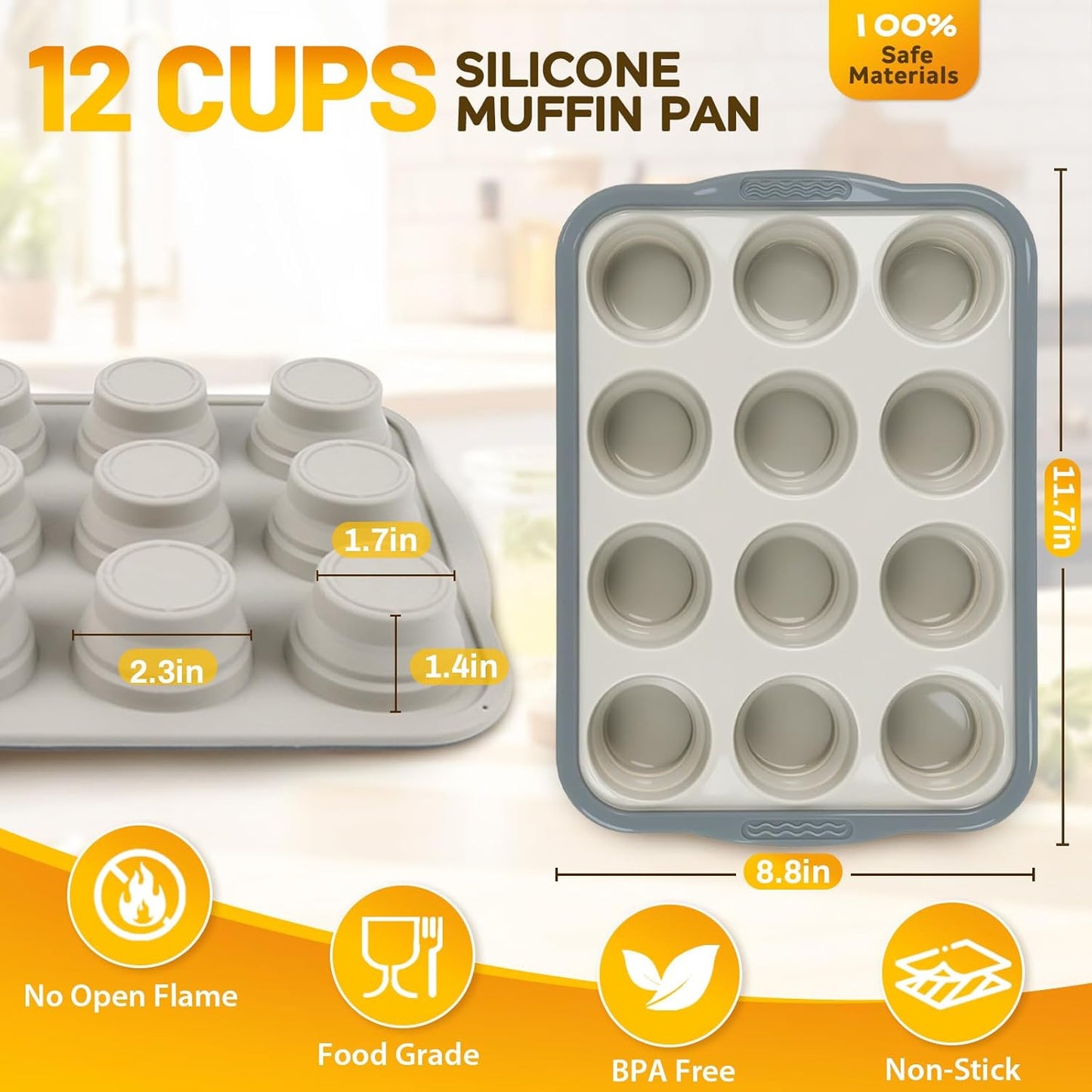 Silicone Muffin Pan, 12 Cups Non-Stick Cupcake Pan, Food-Grade BPA-Free Muffin Tin, Oven-Safe 450 °F, Reinforced Steel Frame, Easy-Grab Handles, Quick-Release 2.3" Baking Molds for Mini Treats