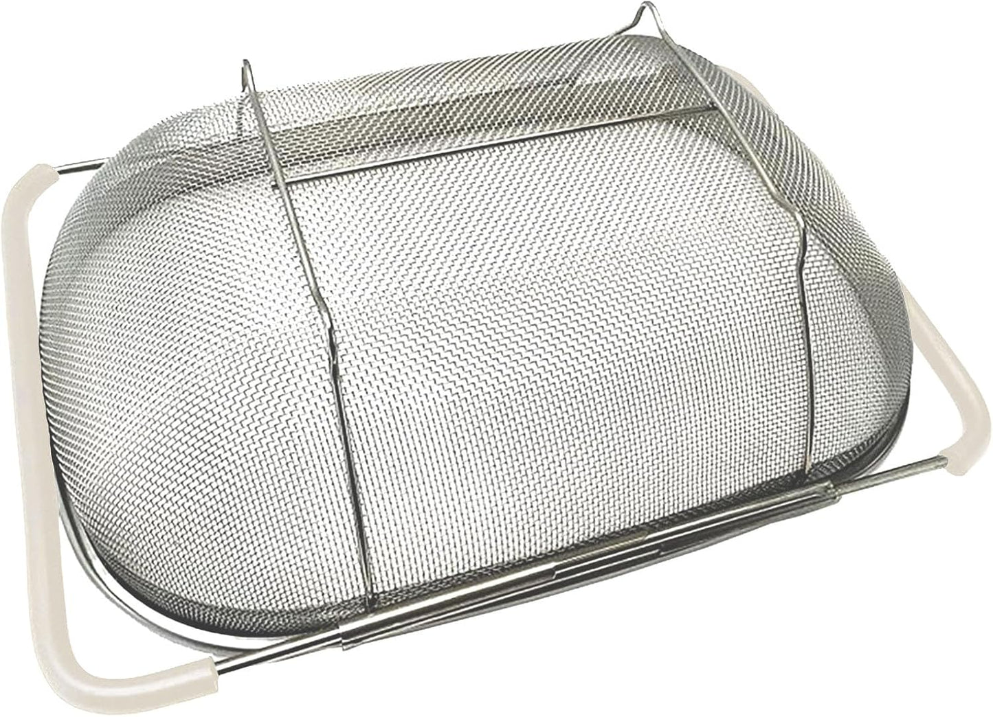 AJIODA Over The Sink Colander, 4 Quarts Stainless Steel Oval Colander with Expandable Rubber Grip Handle, Fine Mesh Strainer Baskets Kitchen Colanders for Strain, Drain, Rinse Vegetable, Fruits, Black