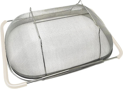 AJIODA Over The Sink Colander, 4 Quarts Stainless Steel Oval Colander with Expandable Rubber Grip Handle, Fine Mesh Strainer Baskets Kitchen Colanders for Strain, Drain, Rinse Vegetable, Fruits, Black