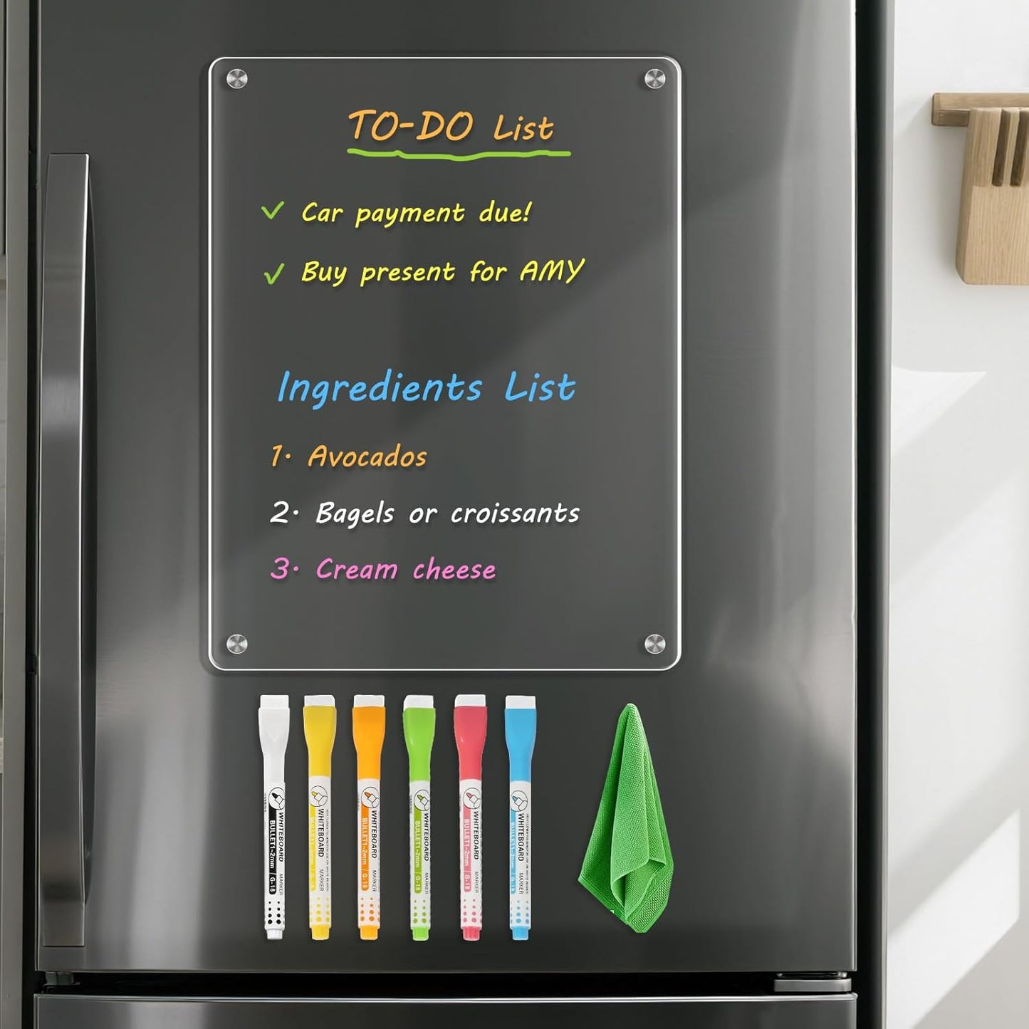 WALGLASS Acrylic Calendar for Fridge, 8.5"x11" Gold Weekly Clear Acrylic Magnetic Dry Erase Board for Refrigerator, Set of 2 Stronger-Magnetic Reusable Fridge Planner, Includes 8 Liquid Chalk Markers