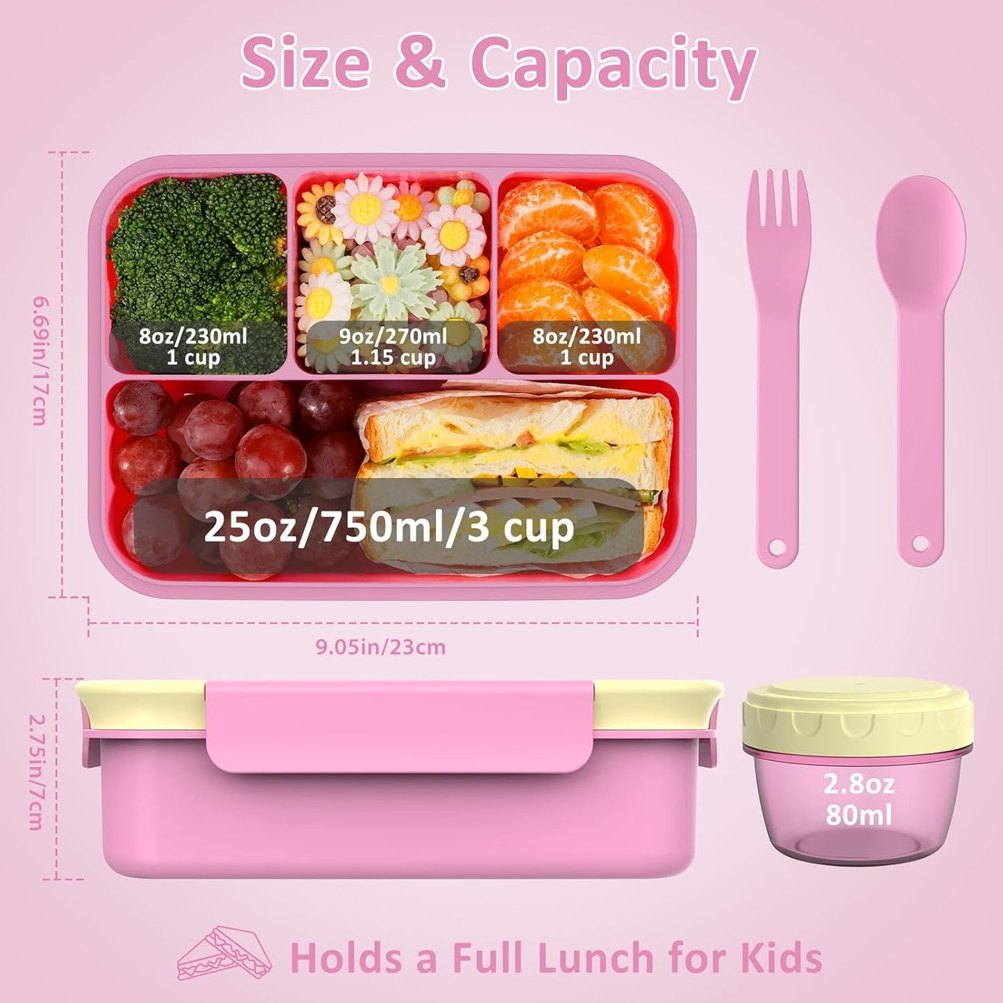 Caperci Bento Box for Kids - 50oz Larger Lunch Box Containers for Kids, Reinforced Leakproof, Built-in Sauce Cup, Utensils, 4 Compartments, BPA-Free Microwave & Dishwasher Safe (Lavender Pop)