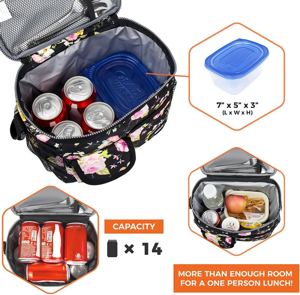 opux Insulated Lunch Bag for Men Women, Leakproof Black Lunch Box for Work, Portable Soft Lunch Cooler Bag with Shoulder Strap, Adult Lunchbox Lunch Pail for Kid Boy Girl School, 14 Can/8L