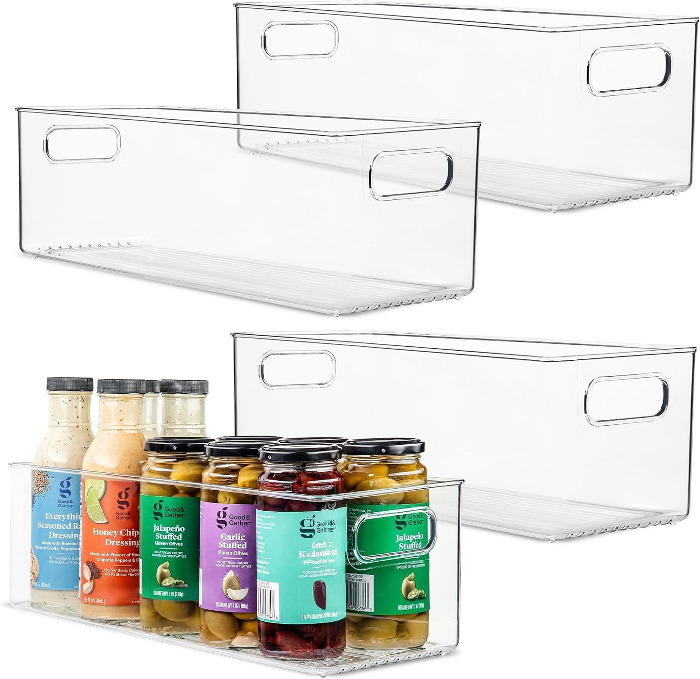 Plastic Food Storage 4 Pack Clear Container Bin with Handles for Organizing Kitchen, Pantry, Refrigerator, Freezer, Pantry, Cabinet, Closet, Bathroom. Stackable 10”x6”x3”
