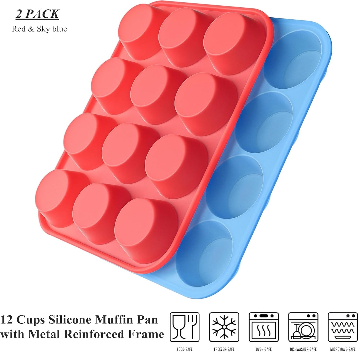 Bangp 12-Cup Silicone Muffin Pan with Metal Reinforced Frame,2 Pack Regular Size Cupcake Pan,Premium Non-Stick Bend Resistance Silicone Molds for Making Muffin,Cakes,Tart,Egg Bites (Red)