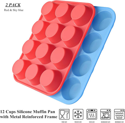 Bangp 12-Cup Silicone Muffin Pan with Metal Reinforced Frame,2 Pack Regular Size Cupcake Pan,Premium Non-Stick Bend Resistance Silicone Molds for Making Muffin,Cakes,Tart,Egg Bites (Red)