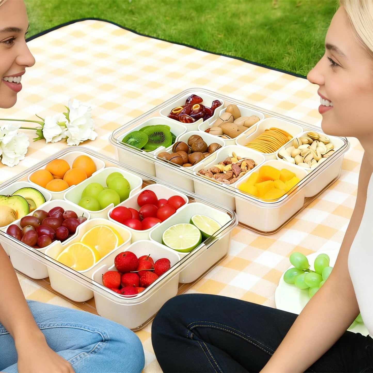 Snackle Box Container with Lid and Handle,8 Compartment Divided Serving Tray-Portable Clear Organizer for Nuts, Fruits, Candy & Veggies-Perfect for Road Trip, Party, Picnic, Camping- 2Pack