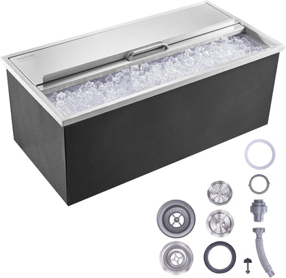 Happybuy Drop in Ice Chest 18L x 12W x 14.5H Inch Stainless Steel Ice Cooler with Sliding Cover Drop in Ice Bin Included Drain-Pipe and Drain Plug for Cold Wine Beer
