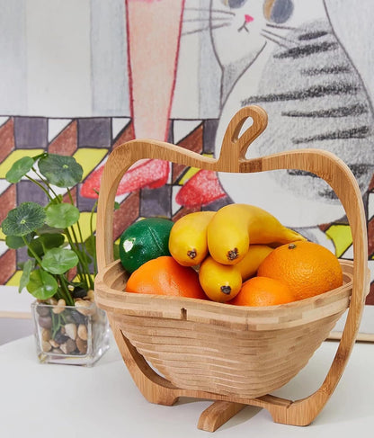 Foldable Bamboo Dried Fruit Basket Apple Shaped Collapsible Bread Nuts Baskets Candy Gifts Fruit Bowl Holder Wooden Snack Box for Kitchen Table