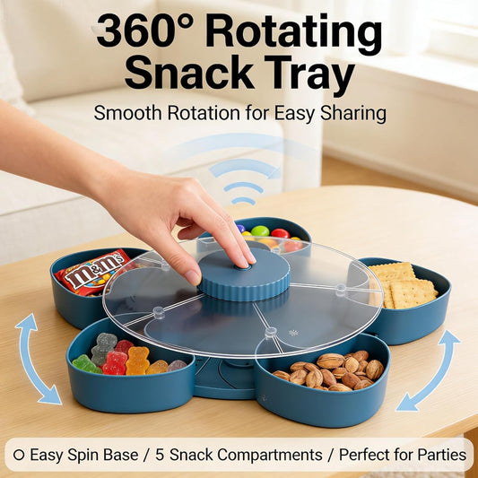 Snack Spinner with Lid, Rotating 5 Compartment Snack Tray for Fruit, Nuts, Candy and Appetizers, Divided Serving Container for Party, Family Night and Kitchen Counter (Blue)