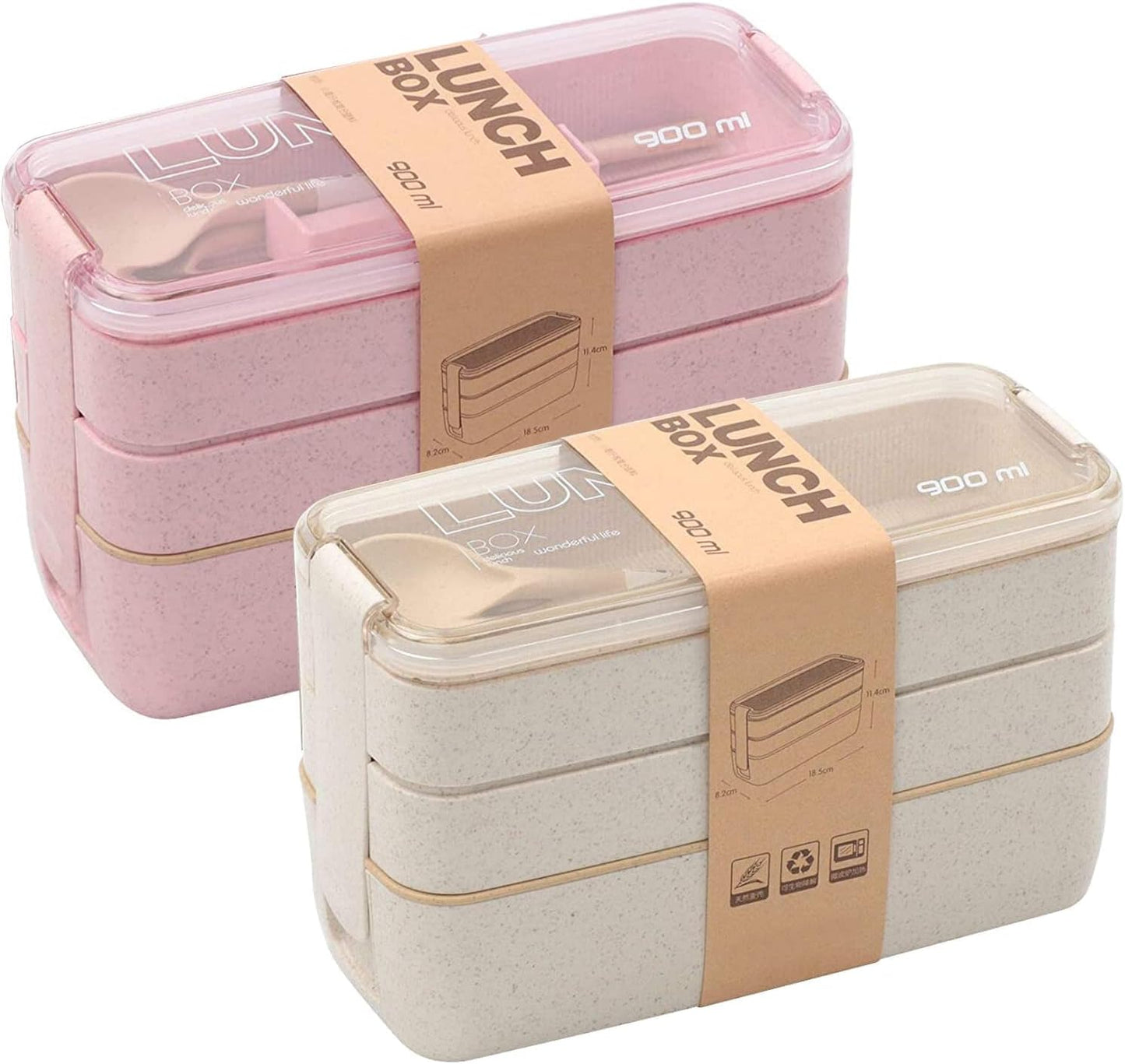 Rarapop 3 Pack Stackable Bento Box Adult Japanese Lunch Box Kit with Spoon & Fork, 3-In-1 Compartment Wheat Straw Meal Prep Containers (Green/Pink/Beige)