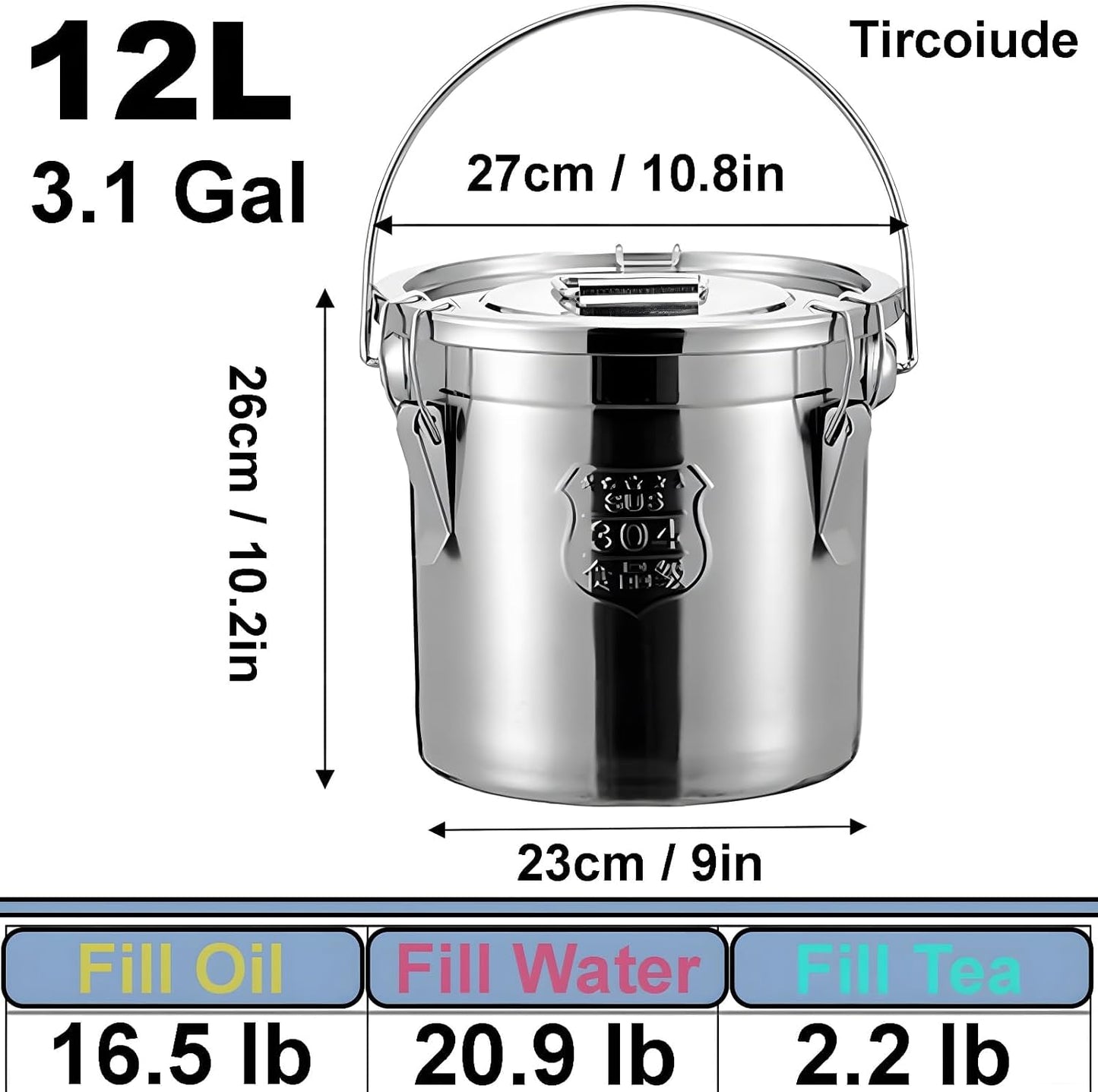 3.2Gal 304 Stainless Steel Kitchen Airtight Canister, 405oz Flour Container with Lid and Locking Clamp,10-21Lbs Metal Bucket Food Storage Container for Rice Flour Grain Coffee Bean(12L)