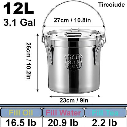 3.2Gal 304 Stainless Steel Kitchen Airtight Canister, 405oz Flour Container with Lid and Locking Clamp,10-21Lbs Metal Bucket Food Storage Container for Rice Flour Grain Coffee Bean(12L)