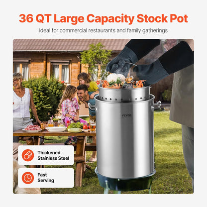 VEVOR Stainless Steel Stockpot, 42 Quart Large Cooking Pots, Cookware Sauce Pot with Strainer, Lid, and Handle, Heavy Duty Commercial Grade Stock Pot, Sanding Treatment, for Large Groups Events Silver