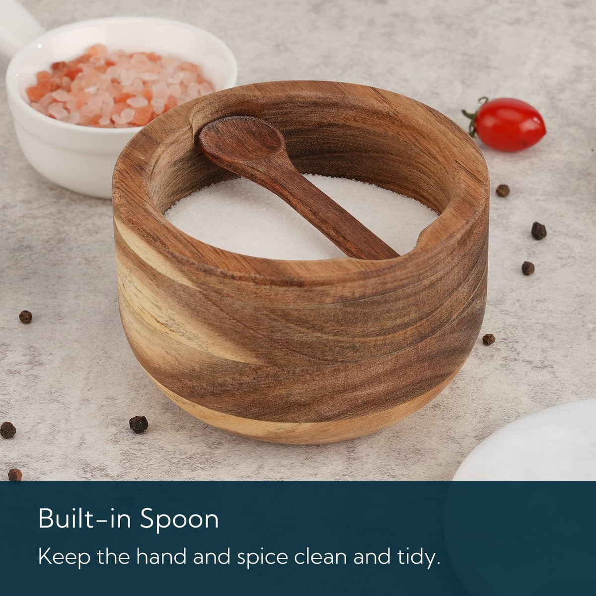 KITCHENDAO Large Acacia Salt Cellar Box Bowl with Built-in Spoon and Marble Lid, Solid Natural Acacia Wood Bath Sea Salt Container, Grey Marble Lid, Pepper Sealer Pinch Bowl, 10oz Capacity