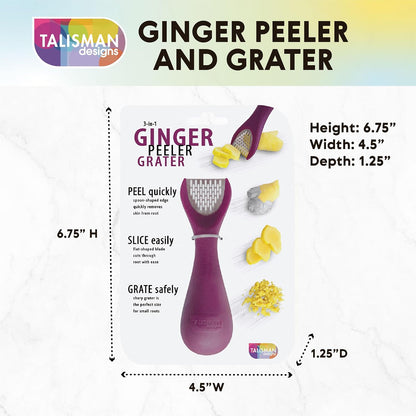 Talisman Designs 3-in-1 Ginger Peeler | Grater & Sliver | Grate Ginger, Garlic, Turmeric & Nutmeg | Easy to Use Kitchen Utensil Tool | Stainless Steel Hand Held Grater