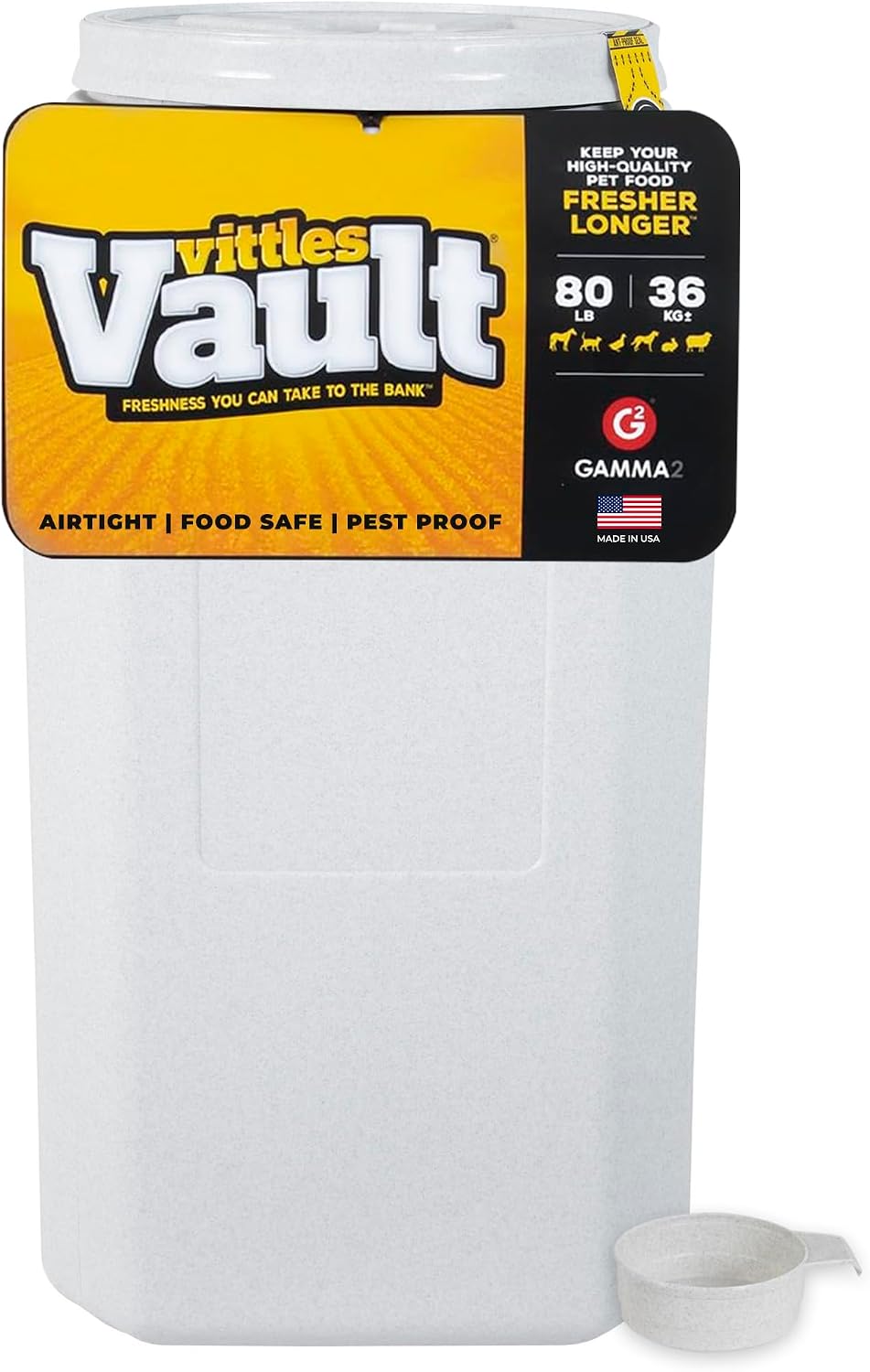 Vittles Vault Traditional Pet Food Storage Container For Dog Kibbles/Bird Seed/Oatmeal/Rice/Flour/Cereal, BPA Free Plastic, Sealed Airtight For Cat Food, Up To 30 lb, Made in USA, With Scoop, Gray