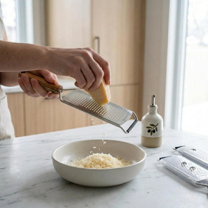 NAZANIN 3-Piece Stainless Steel Cheese Grater & Zester Set w/Acacia Wood Handles – For Parmesan, Lemon Zest, Ginger, and Spices
