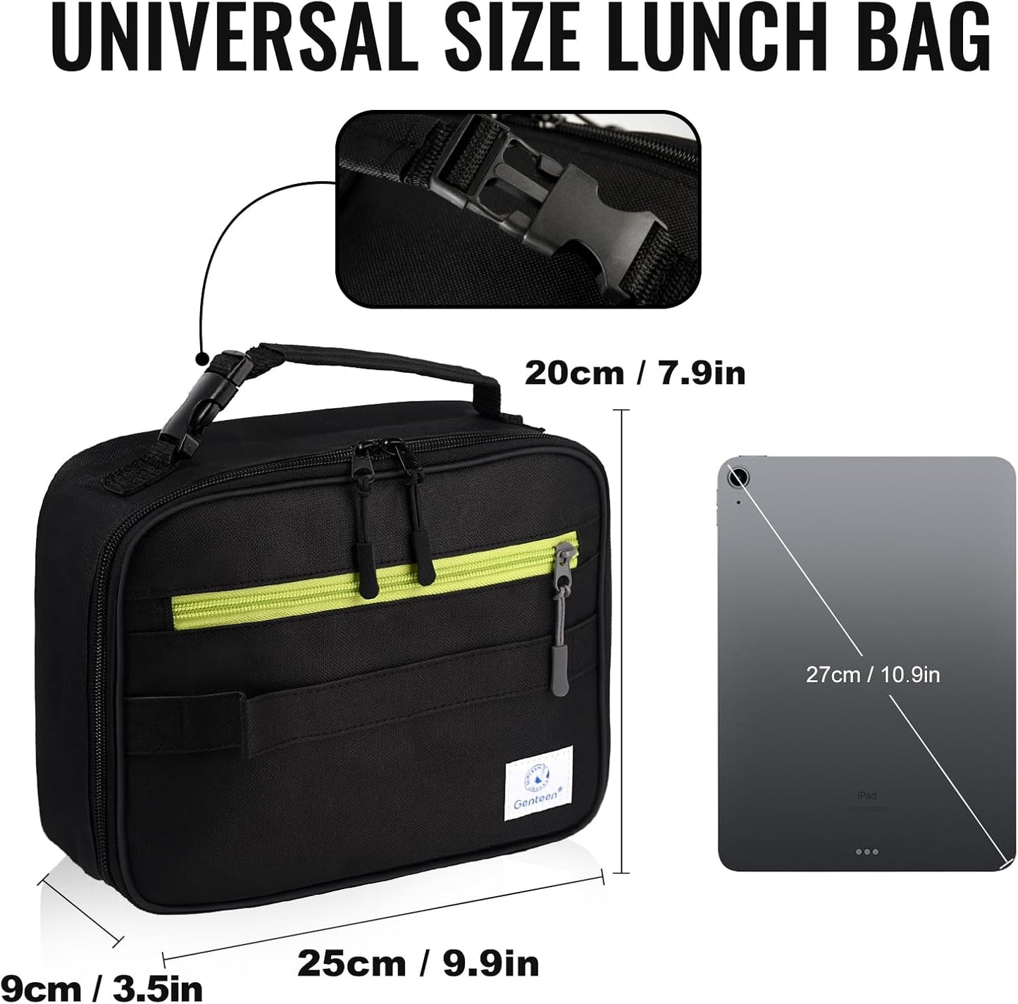 Genteen Lunch Box Kids, Insulated Lunch Bag Kids Boys Girls Back to School, Soft Lunch Box for Men Reusable Lunchbox for Office,Outdoor,School (Black)