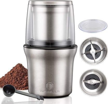 DR MILLS DM-7412M Stainless Steel Electric Dried Spice and Coffee Grinder,2 in 1 Wet and Dry, Detachable Cups, Dishwasher Safe