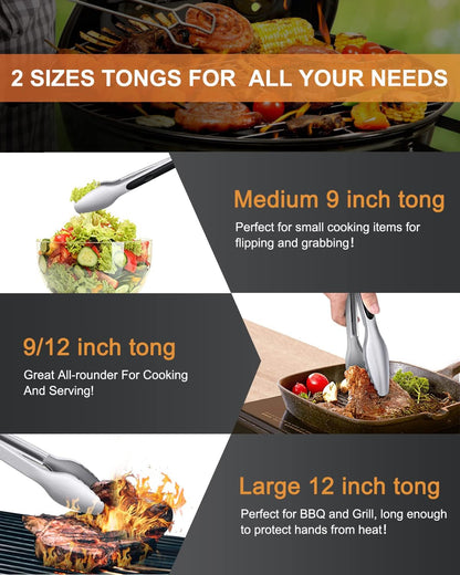 Good Grip Cooking Tongs with Silicone Tips, Set of 3-7" 9" and 12" | 600ºF Heat Resistant, 5-Layer Heavy Duty Stainless Steel, Pull Lock, Non Stick - Kitchen Tongs for Salad, Cooking and Frying