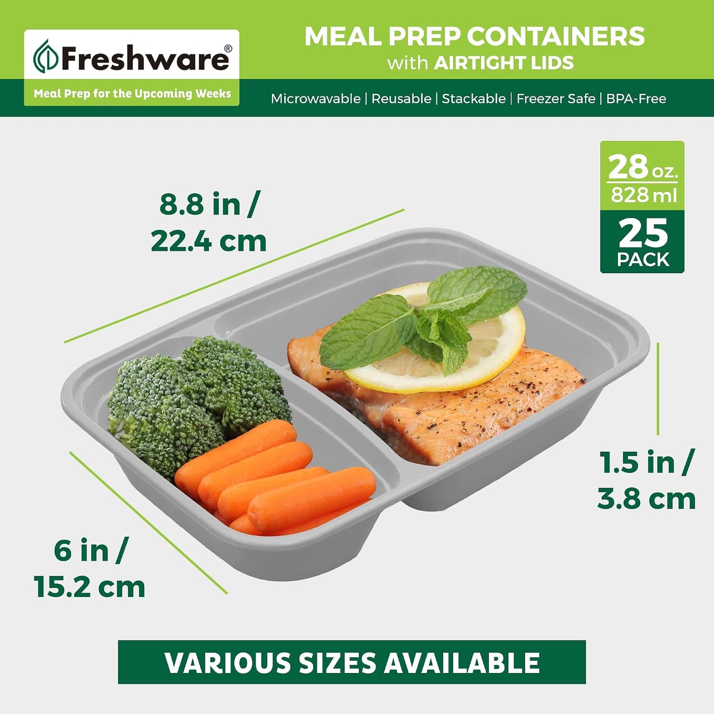 Freshware Meal Prep Containers [25 Pack] 2 Compartment with Lids, Food Storage Containers, Bento Box, BPA Free, Stackable, Microwave/Dishwasher/Freezer Safe (28 oz), Grey
