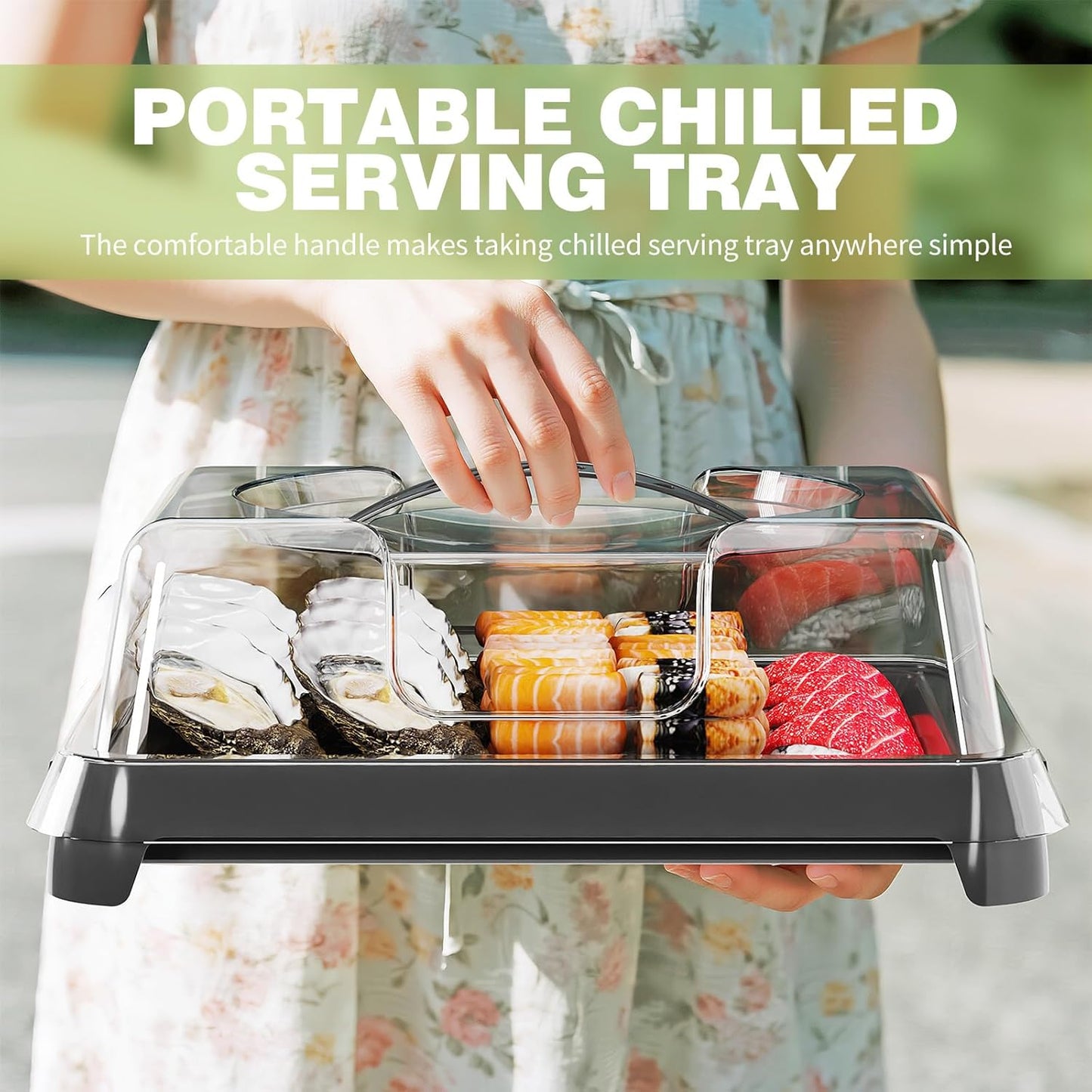 Chilled Portable Serving Tray Platterbox with Reusable Ice Pack with Lid Shrimp Cocktail Serving Dish Platter Cold Food Buffet Server for Appetizer Veggie Fruit Food Parties Outdoor Picnic, Green