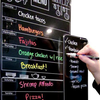 Cute 10"x16" Magnetic Dry-Erase Weekly Menu Blackboard for Kitchen Fridge (with 8 Bright Chalk Markers) & Free Bonus - Grocery/to-Do Lists Board - Daily Dinner Meal Planner Set for Home