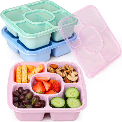 Caperci 5-Pack Lunchable Container Set for Kids & Adults - Reusable Bento Snack Box Containers with 5-Compartment for Food Storage & Meal Prep, Wheat Straw, BPA-Free (Dark & Clear Lids)