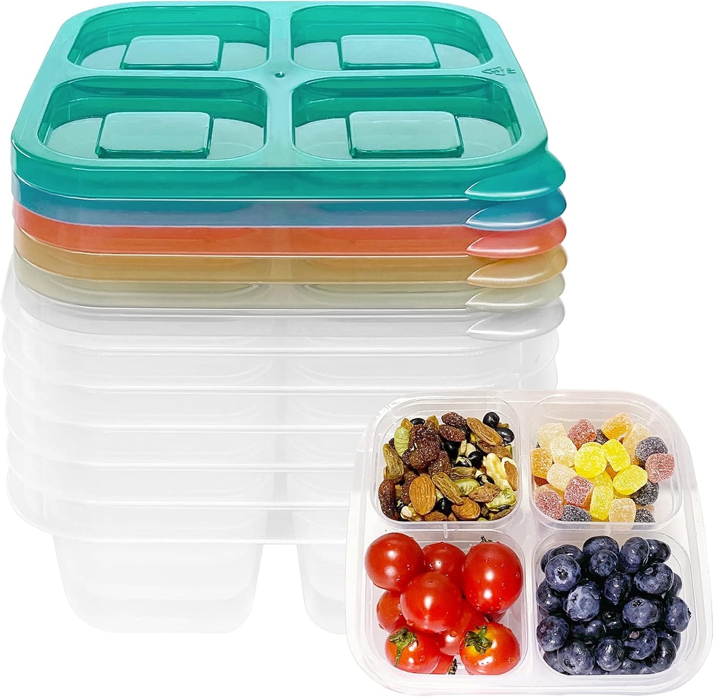 Finorder 6 Pack 4-Compartment Snack Containers, Reusable Food Containers for Kids School, Adults Office, Picnic Trip, Lunch Bento Box Meal Prep Containers (Bright Color Set)