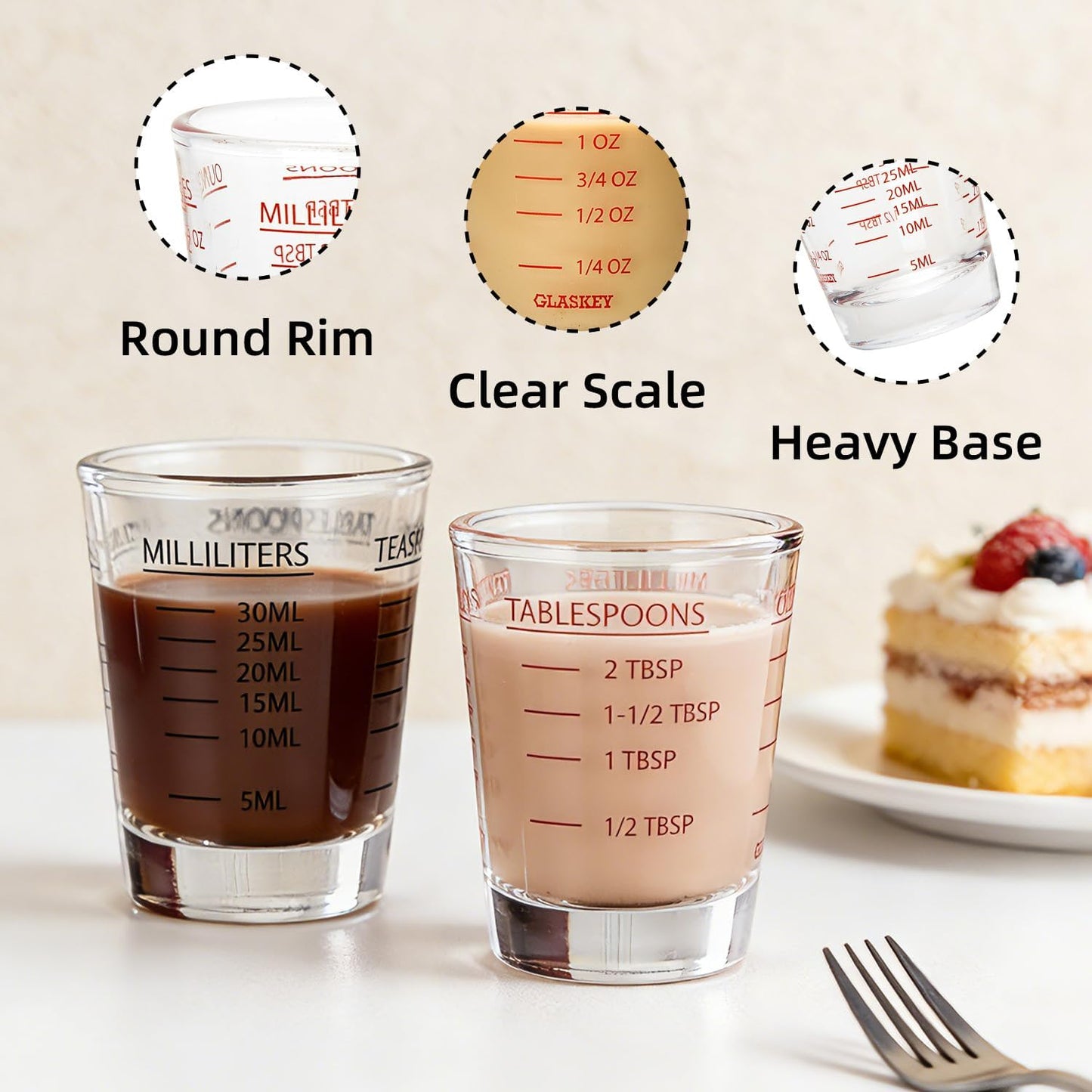 GLASKEY Shot Glasses Measuring Cup Set - 2 Pack Espresso Shot Glasses with Precise Measurement Marks,Heavy Duty Glass,Dishwasher Safe,Perfect for Coffee,Cocktails and Kitchen Use (Black & Red)