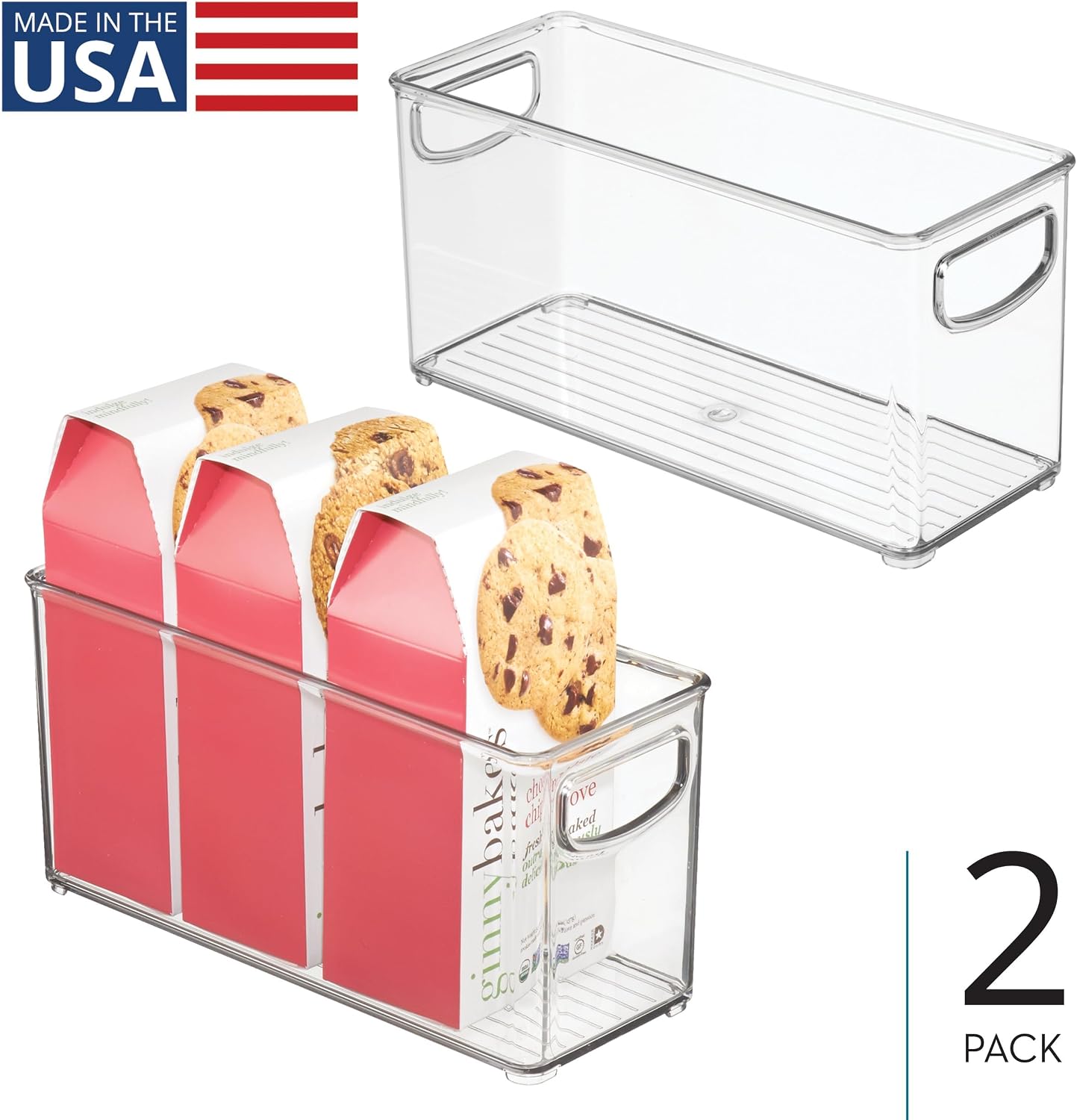 iDesign Plastic Stackable Pantry Bin, Set of 2, Clear | Storage Bin with Handles, For Cabinets or Fridge