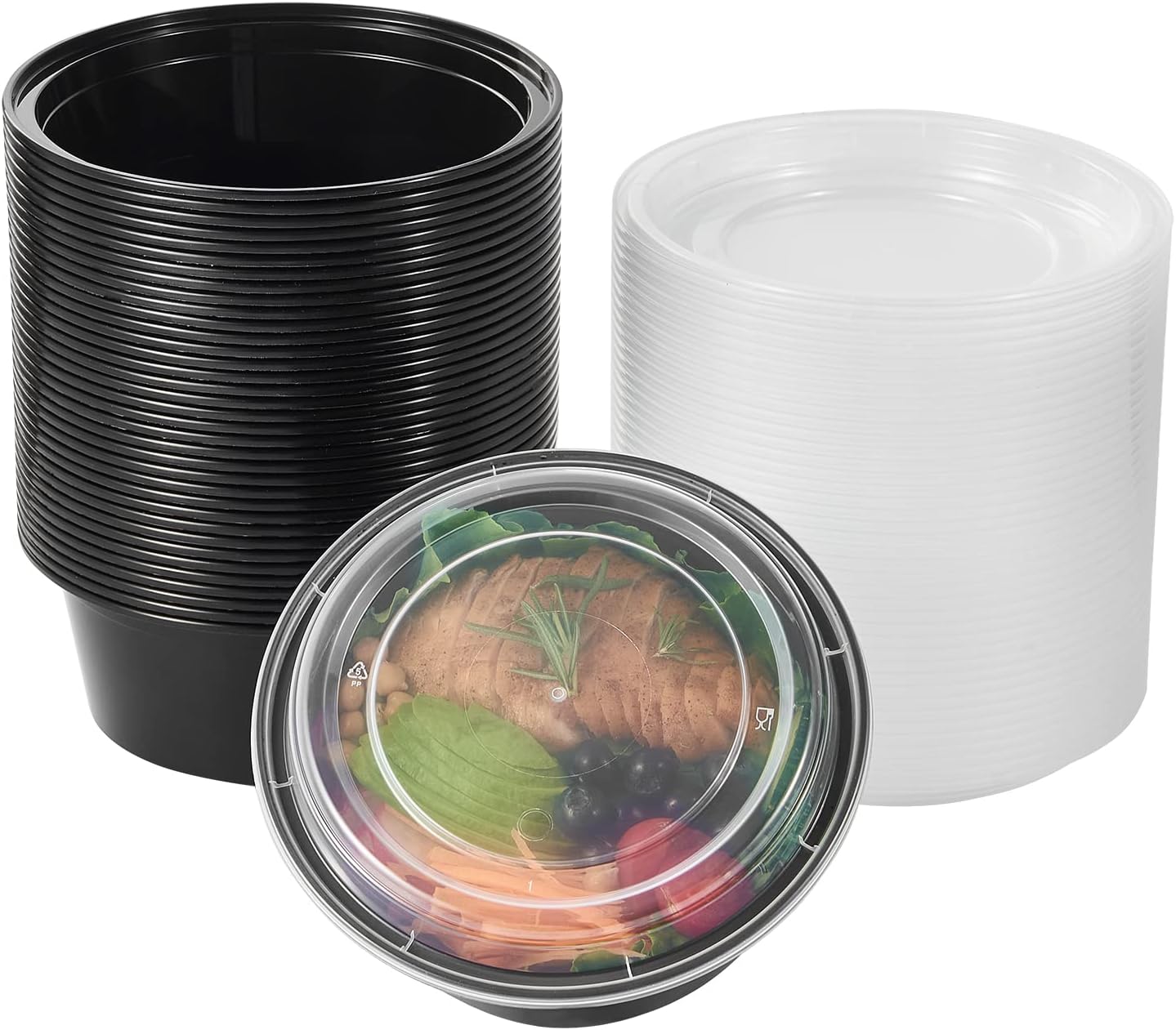FULING 32 oz 50 ct Round Meal Prep Containers with Lids Plastic Food Storage Lunch Plan To Go Box Disposable Take Out Bowls Black BPA Free Reusable Durable Stackable Microwave Freezer Dishwasher Safe