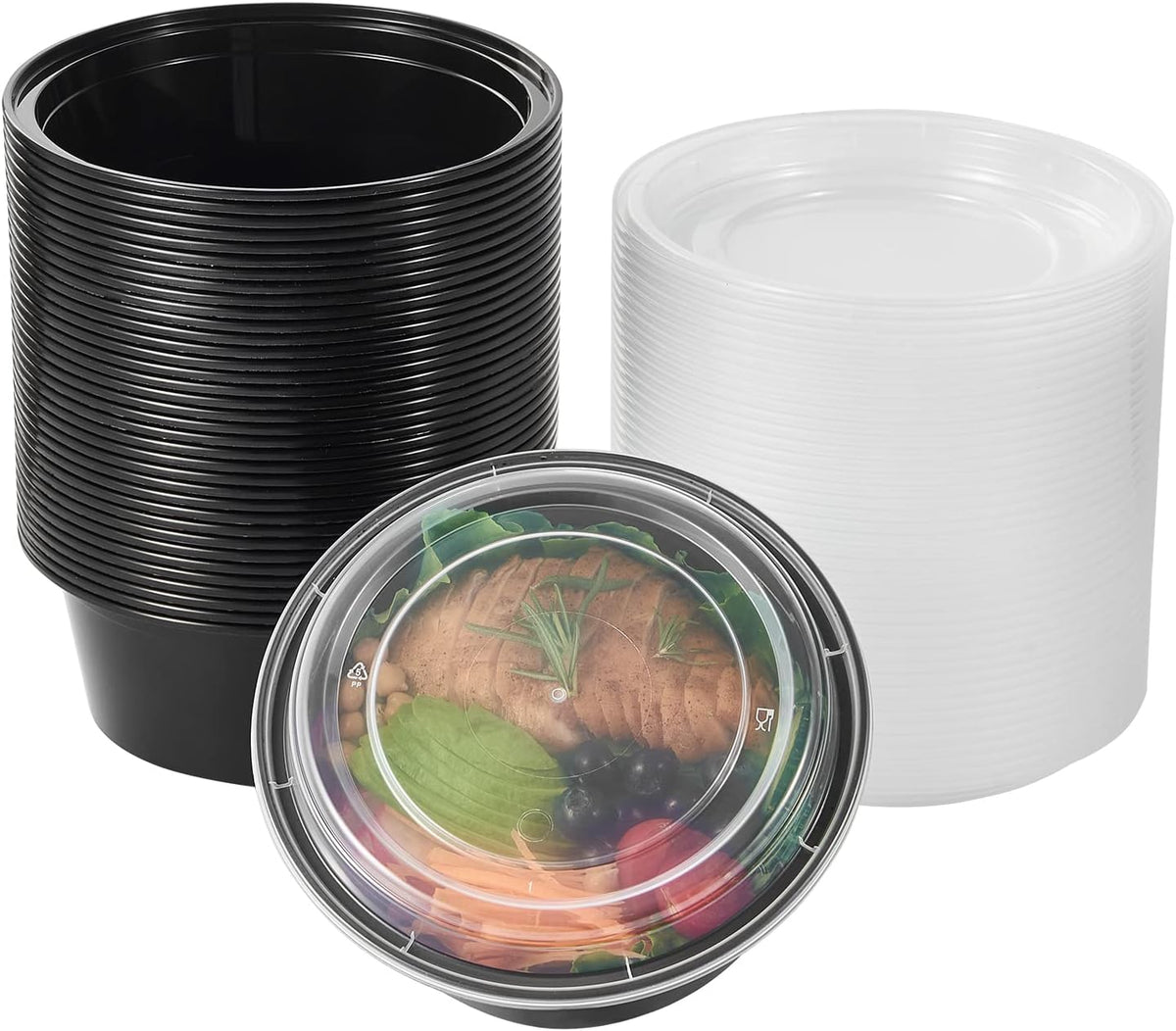 FULING 32 oz 50 ct Round Meal Prep Containers with Lids Plastic Food Storage Lunch Plan To Go Box Disposable Take Out Bowls Black BPA Free Reusable Durable Stackable Microwave Freezer Dishwasher Safe