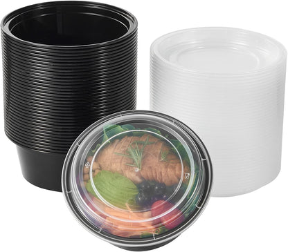 FULING 32 oz 50 ct Round Meal Prep Containers with Lids Plastic Food Storage Lunch Plan To Go Box Disposable Take Out Bowls Black BPA Free Reusable Durable Stackable Microwave Freezer Dishwasher Safe