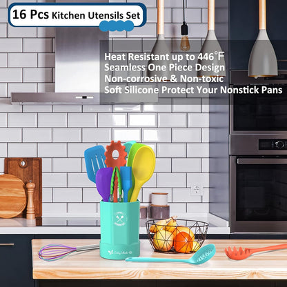 Silicone Kitchen Utensils Set, 16-Piece Silicone Cooking Utensils by Deedro, Heat Resistant Kitchen Tools Set with Holder, Nonstick Spatula Kitchen Gadgets for Cooking & Baking, Colorful