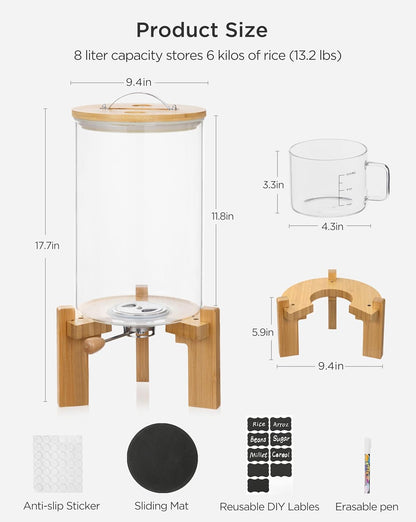 5-7 lbs Glass Rice Dispenser with Wooden Stand Flour and Cereal Container with Glass Measuring Cup & Labels & Slider mat Pantry Food Organization Storage Bin with Airtight Bamboo Lid, 3L