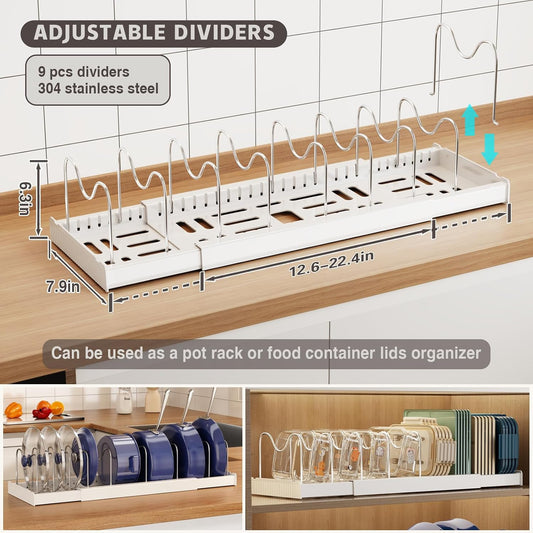 Magheo Expandable Food Storage Container Lid Organizers, 22" Pots and Pans Organizer Under Cabinet with 9 Adjustable Dividers Pot and Pan Lid Holders Rack Inside Cabinet(White)