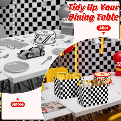 2PCS Red Gingham Utensil Holder Paper Utensil Caddy for Gingham Party Supplies Disposable Cutlery Holder with Handles Party Favors Cutlery Caddy for Red and White Checkered Birthday Decorations